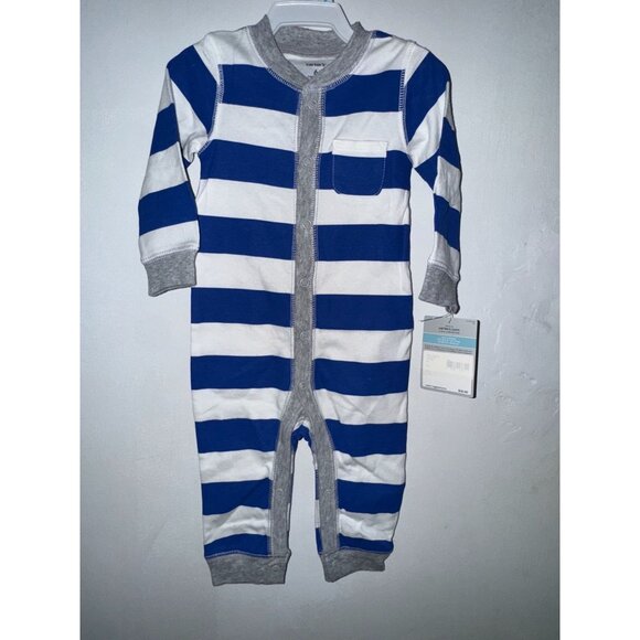 Carters Blue & White Striped Baby Romper 6M 100% Cotton With Pocket & Snap Closu - Picture 1 of 4